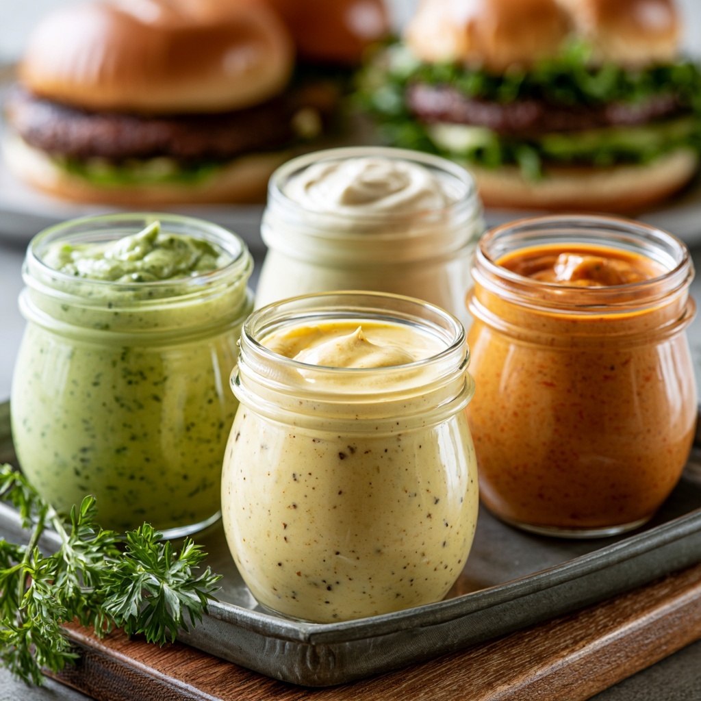 4 jars of falvored aioli, hot pepper, plain. cracked pepper and chipotle in small glass jars