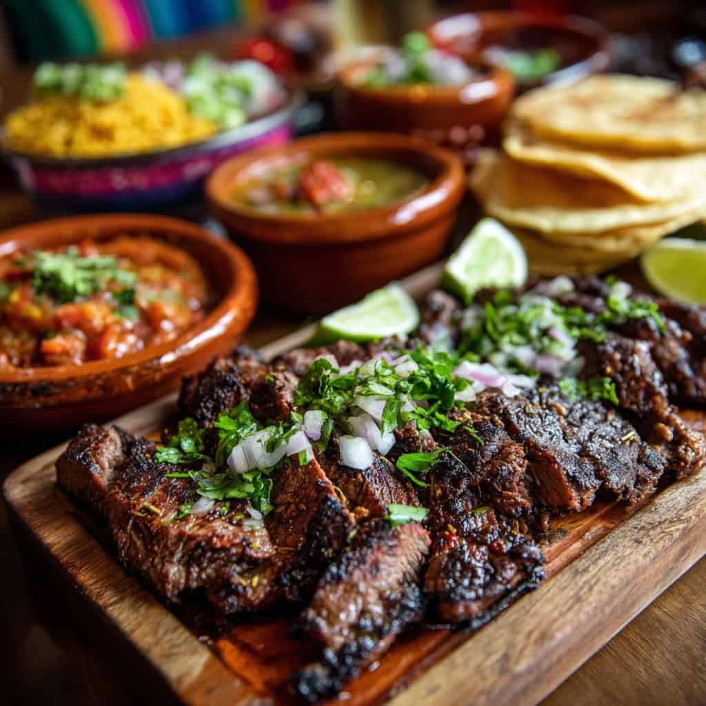grilled carne asada sliced on a wood try, traditional topping in the background