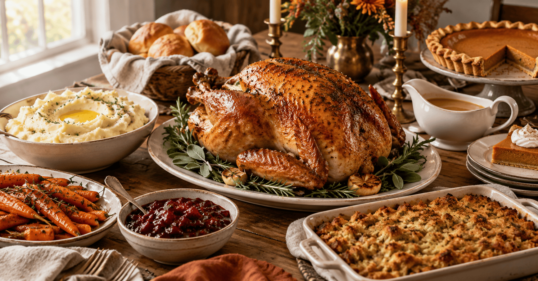 warm cozy thanksgiving table with turkey and all sides