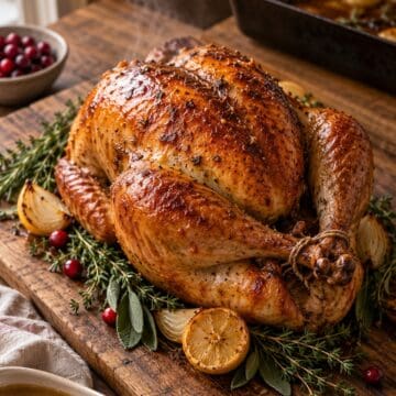 dry brined turkey, golden and crisp, on a wood carving board