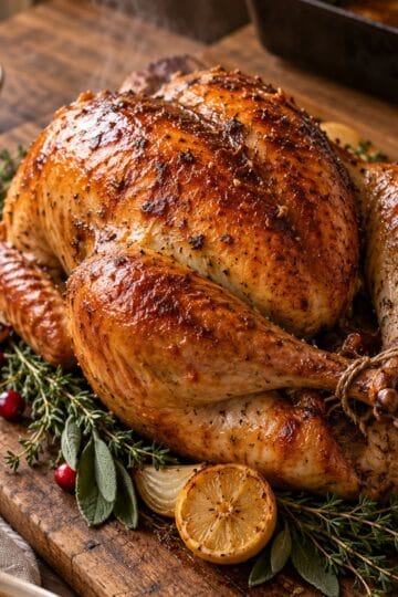 dry brined turkey, golden and crisp, on a wood carving board