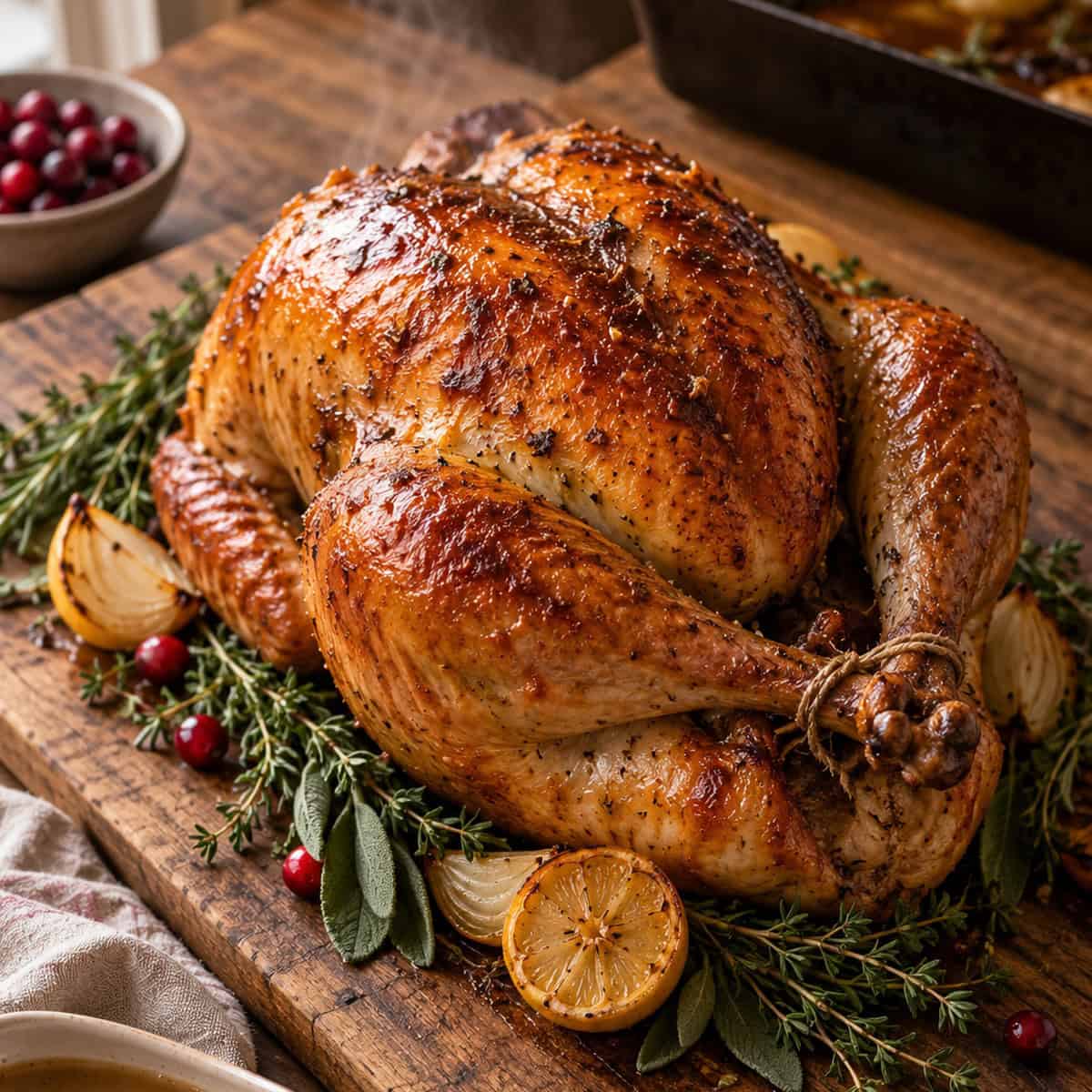 dry brined turkey, golden and crisp, on a wood carving board